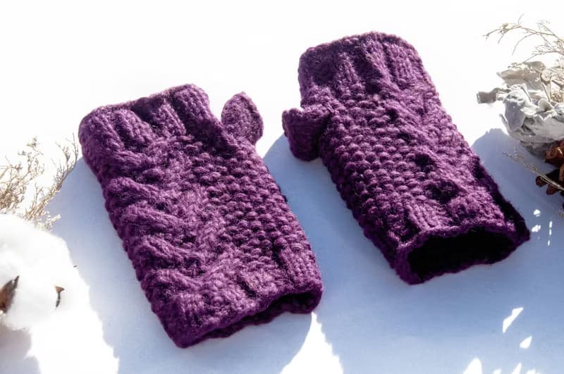 手織純羊毛針織手套/露趾手套/內刷毛手套/保暖手套-北歐紫薰衣草