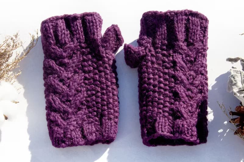 手織純羊毛針織手套/露趾手套/內刷毛手套/保暖手套-北歐紫薰衣草