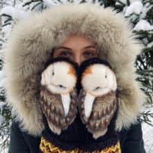 独特的手工猫头鹰连指手套。 温暖的羊毛妇女连指手套与猫头鹰。