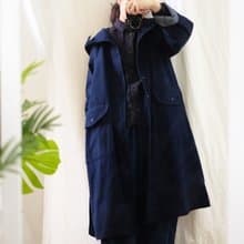 厚磅深海藍 斗篷式寬版長袖連帽長版外套