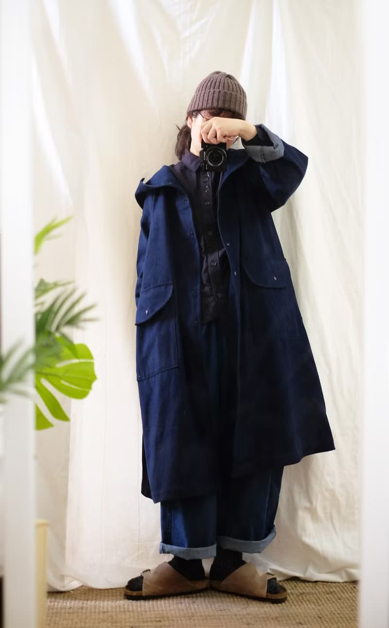 厚磅深海藍 斗篷式寬版長袖連帽長版外套