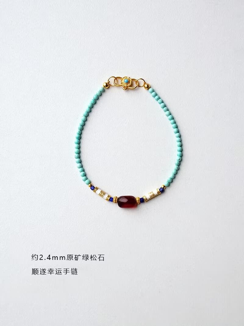 原創手工原礦綠松石血珀手鏈方糖青金石s925銀手串生日禮物