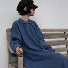 大人の上品な可愛らしさを演出 丸襟ワンピース　ロングワンピース　リネンワンピース  青　250918-1