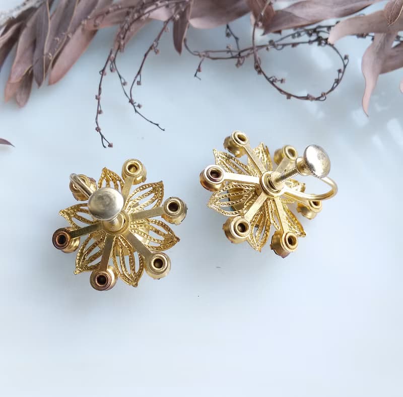 Vintage Jewelry 西洋古董飾品 立體 雪地 晶花 花形 栓式耳環