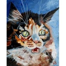 Funny Cat Portrait Original Painting, Cute Pet Wall Art ,Kitten Artwork