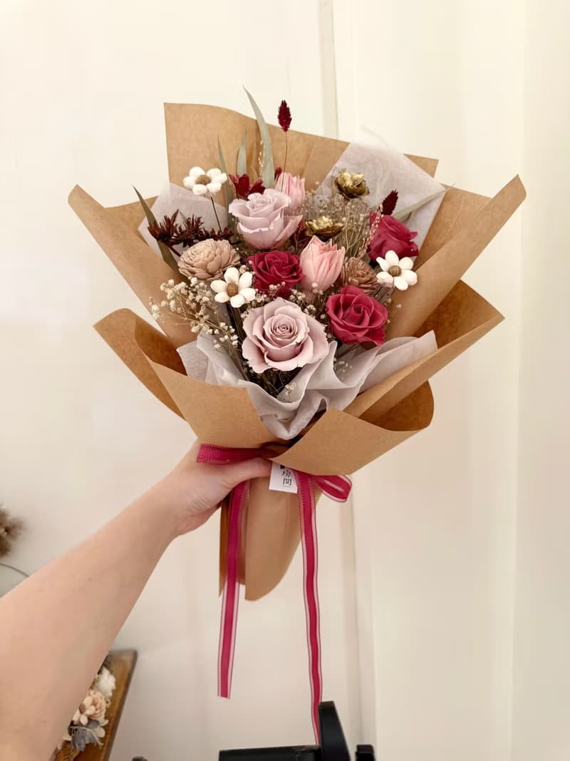 情人節花束 乾燥花 永生花 大花束 豆沙紅 附透明花袋