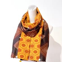 純手作/日本古董布古典龜甲幾何金黃咖啡撞色菱格紋毛料圍巾披肩