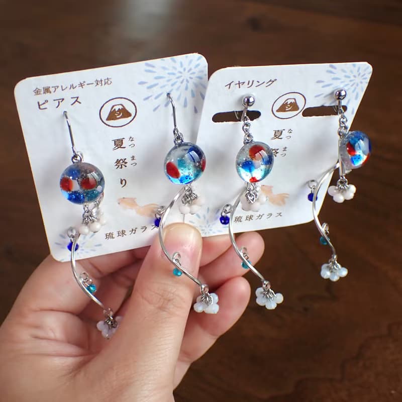 季節商品【琉球ガラス】夏祭り花火 (ピアス or イヤリング) ロングタイプ