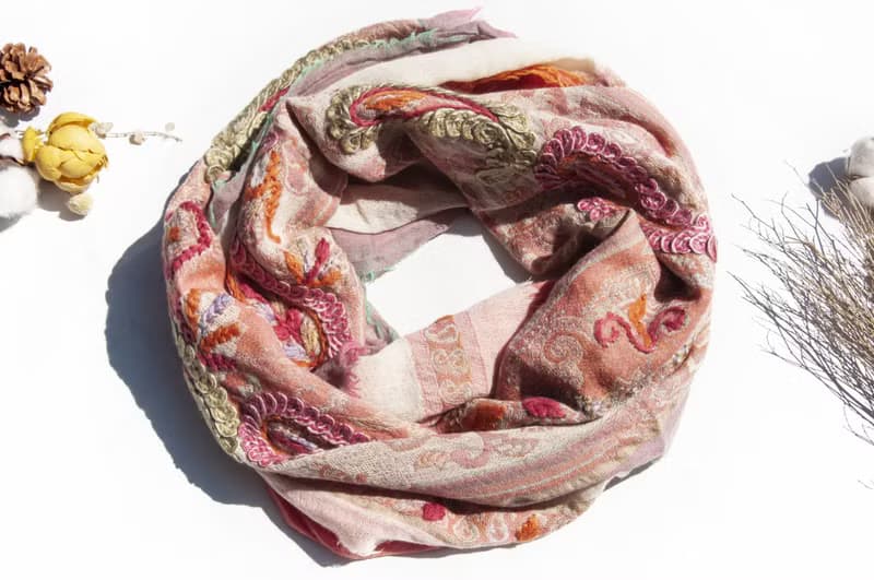 喀什米爾Cashmere/水煮羊毛披肩/針織圍巾/刺繡圍巾/羊絨披巾-花