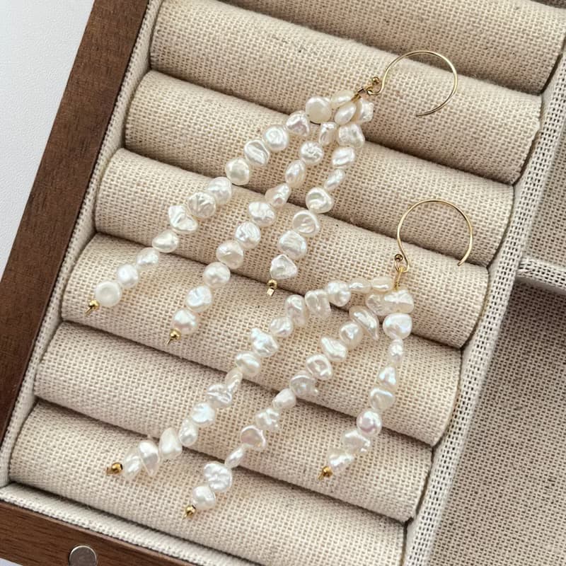 多串天然巴洛克珍珠垂墜耳環