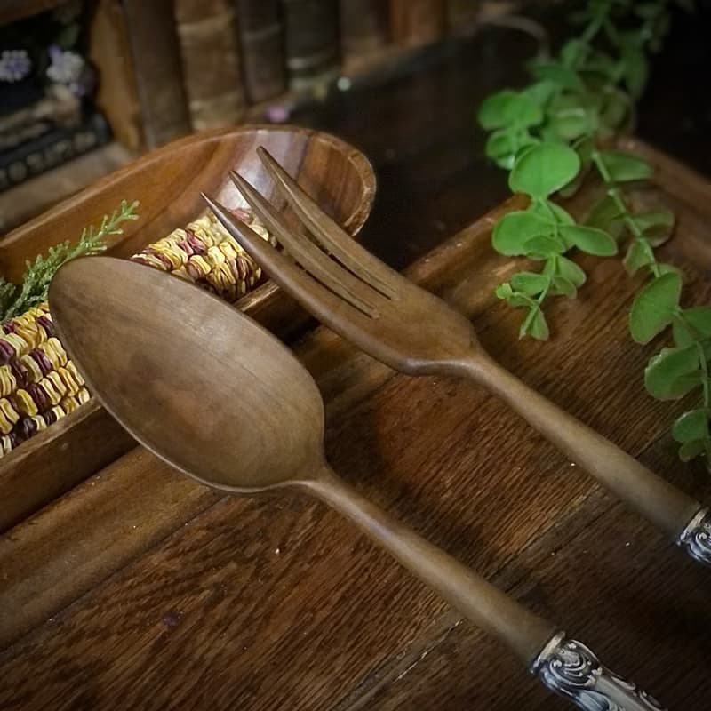 美國製北歐風格純銀柄-胡桃木沙拉分食餐具組