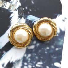 【西洋古董飾品 】金色調  旋轉 仿珠 都會氣質 大耳環 夾式耳環