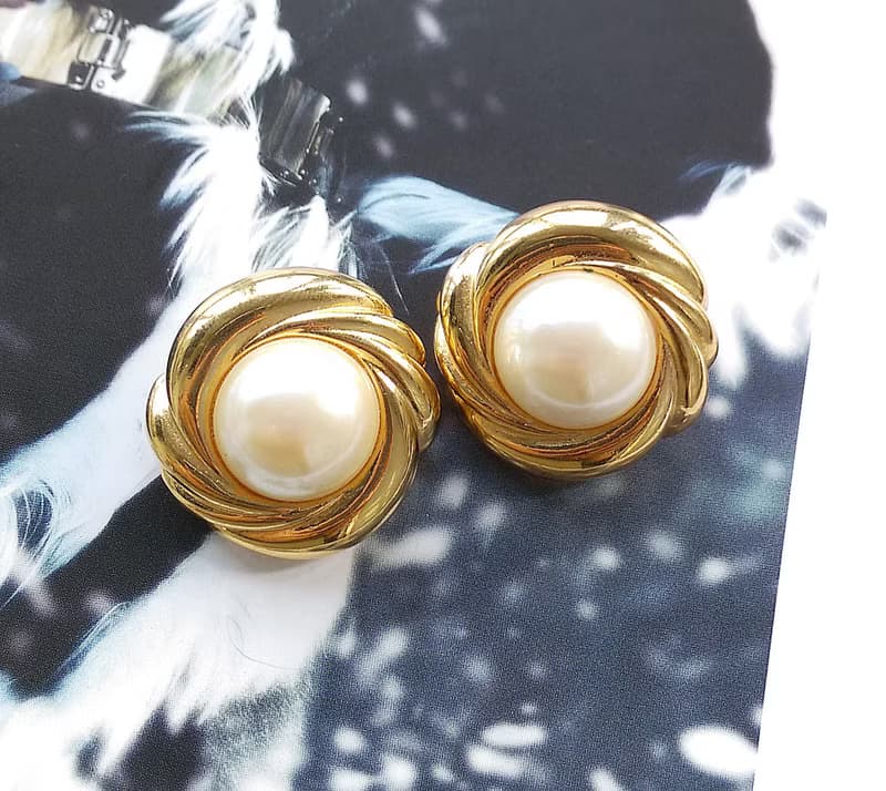 【西洋古董飾品 】金色調  旋轉 仿珠 都會氣質 大耳環 夾式耳環