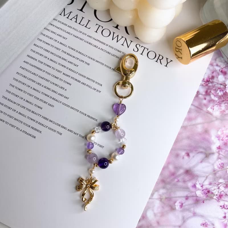 紫蝶 紫水晶 天然珍珠 白水晶 水晶天然石鑰匙圈 包掛掛飾吊飾