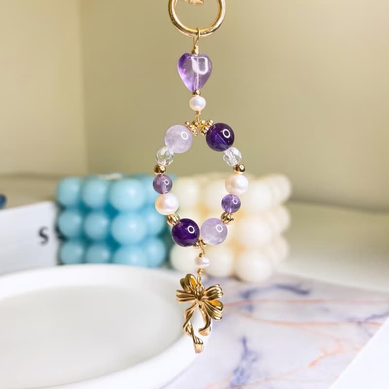 紫蝶 紫水晶 天然珍珠 白水晶 水晶天然石鑰匙圈 包掛掛飾吊飾