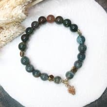 VIIART。綠湖。水草瑪瑙古著金黃銅手環|天然石手鏈手串小松果