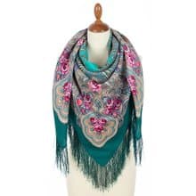 Pavlovo Posad Russian Shawl 100% Wool Scarf 125x125 cm Wrap Silk Fringe 2016-12