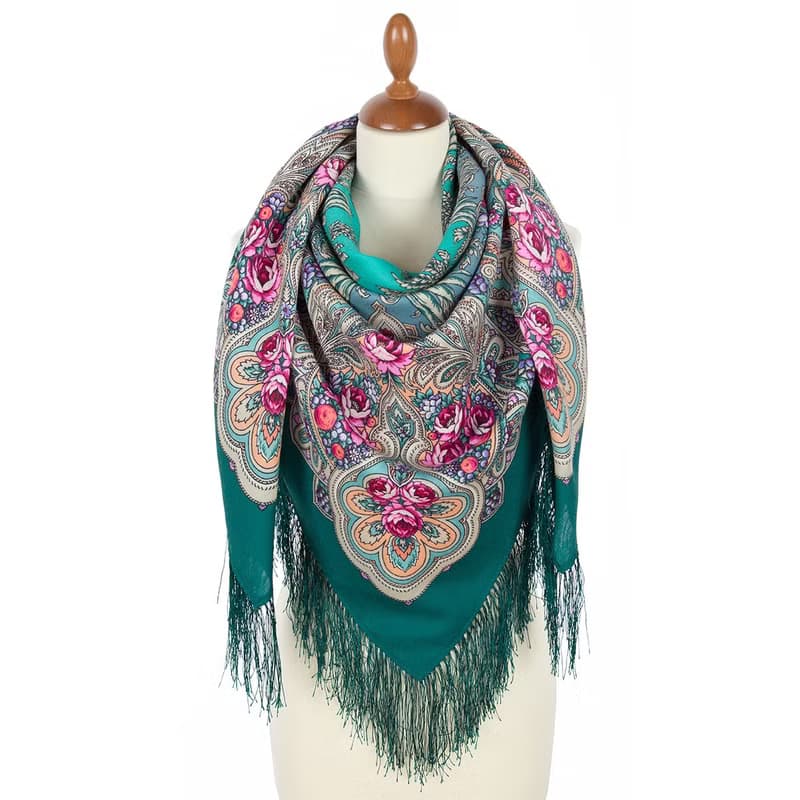 Pavlovo Posad Russian Shawl 100% Wool Scarf 125x125 cm Wrap Silk Fringe 2016-12