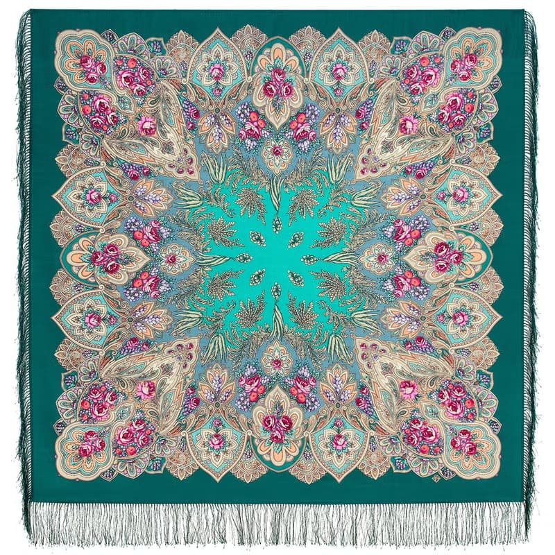 Pavlovo Posad Russian Shawl 100% Wool Scarf 125x125 cm Wrap Silk Fringe 2016-12