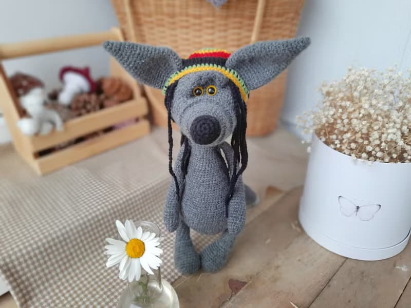 Gray wolf toy in Funny Bob Marley replica / Rasta dreadlock Hat for toy