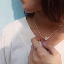 雕花粉晶,貝母花配黃銅半月 925純銀 項鍊 Pink quartz, mother pearl flower 925 silver necklace