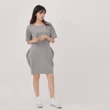 法國小毛圈寬口袋及膝洋裝/中灰