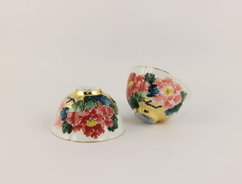 純手繪茶杯-局部鎏金牡丹對杯(小癸口杯)-紅花