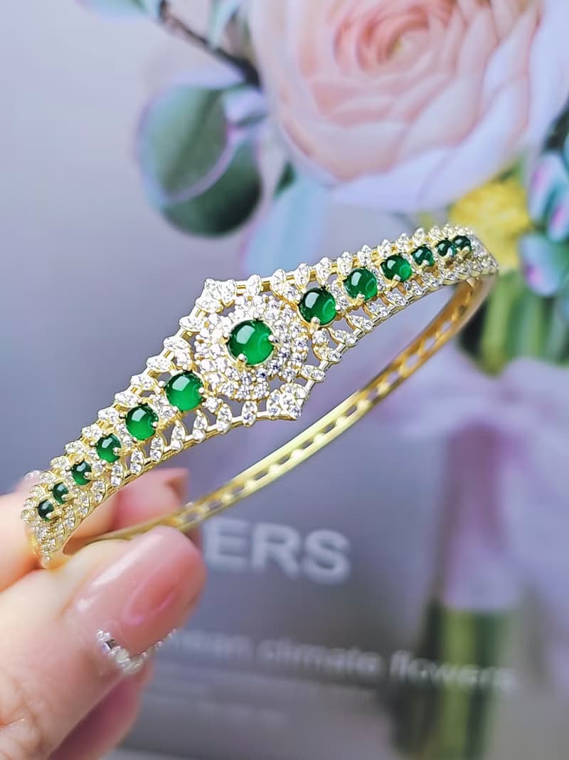 貴氣 進財|皇冠手鐲鏈|A貨翡翠冰綠多顆蛋面純銀簍空設計手環手鏈