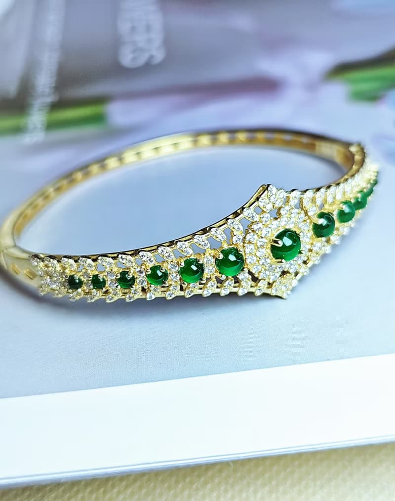 貴氣 進財|皇冠手鐲鏈|A貨翡翠冰綠多顆蛋面純銀簍空設計手環手鏈