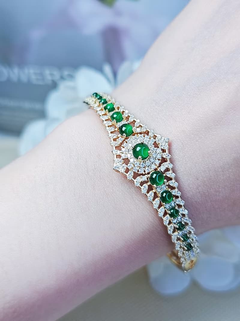 貴氣 進財|皇冠手鐲鏈|A貨翡翠冰綠多顆蛋面純銀簍空設計手環手鏈