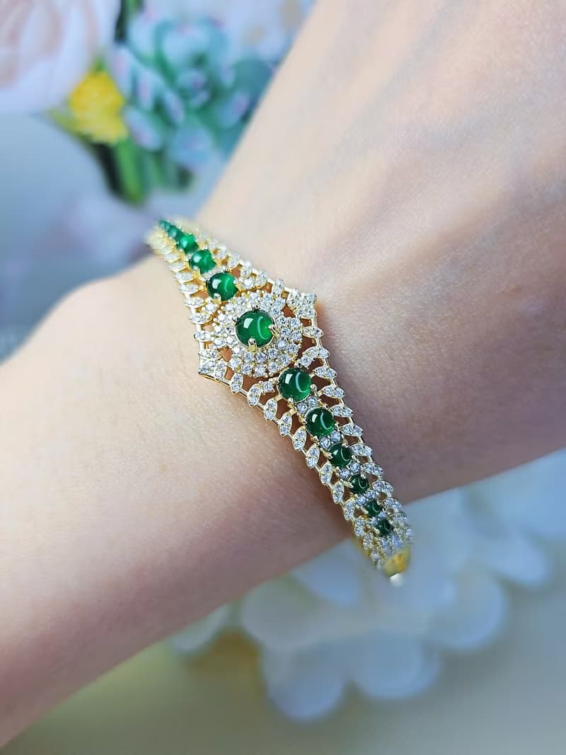 貴氣 進財|皇冠手鐲鏈|A貨翡翠冰綠多顆蛋面純銀簍空設計手環手鏈