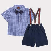 Charles系列藍白格子上衣藍短褲組(附吊帶)