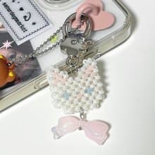 Ribbon Kitty Cat Beads Keyring - Pearl White