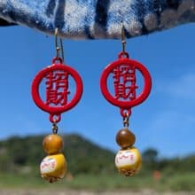 虎眼石招財貓垂墜耳環