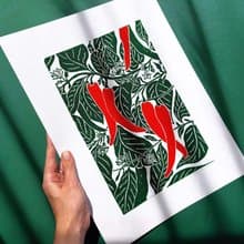 Linocut Print Red Chili Pepper Plant Original Artwork Modern Kitchen Wall Decor