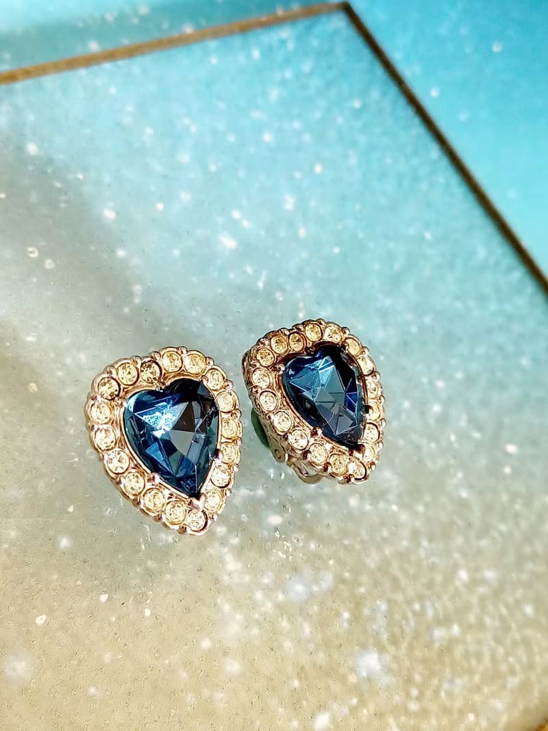 vintage jewelry  1980's 海洋之心萊茵鑽 夾式耳環