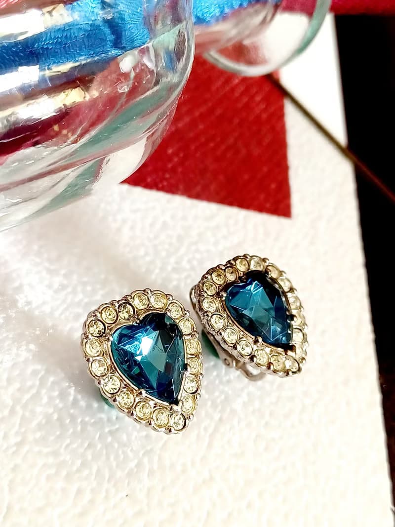 vintage jewelry  1980's 海洋之心萊茵鑽 夾式耳環
