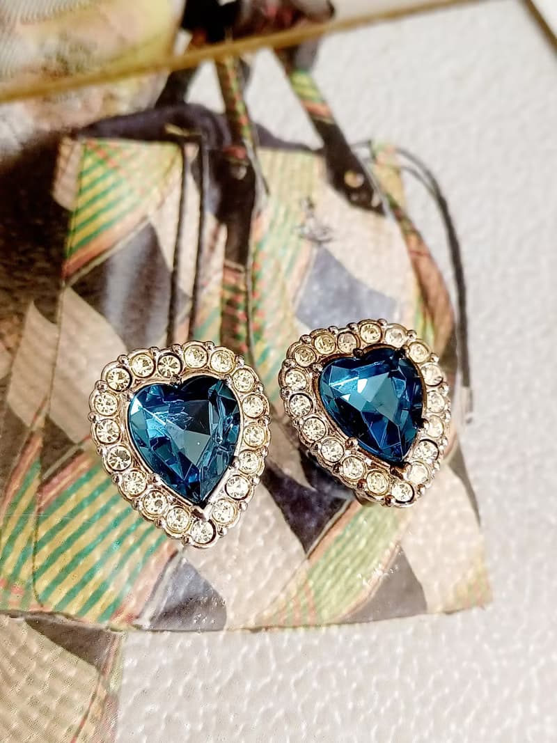 vintage jewelry  1980's 海洋之心萊茵鑽 夾式耳環