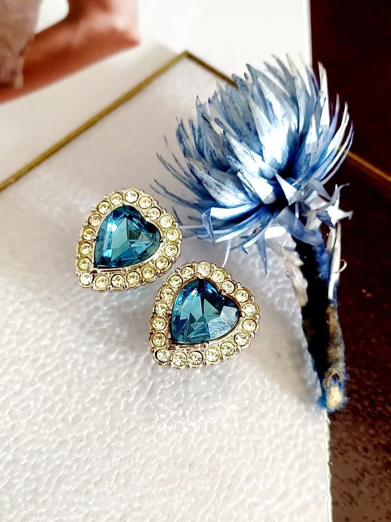 vintage jewelry  1980's 海洋之心萊茵鑽 夾式耳環