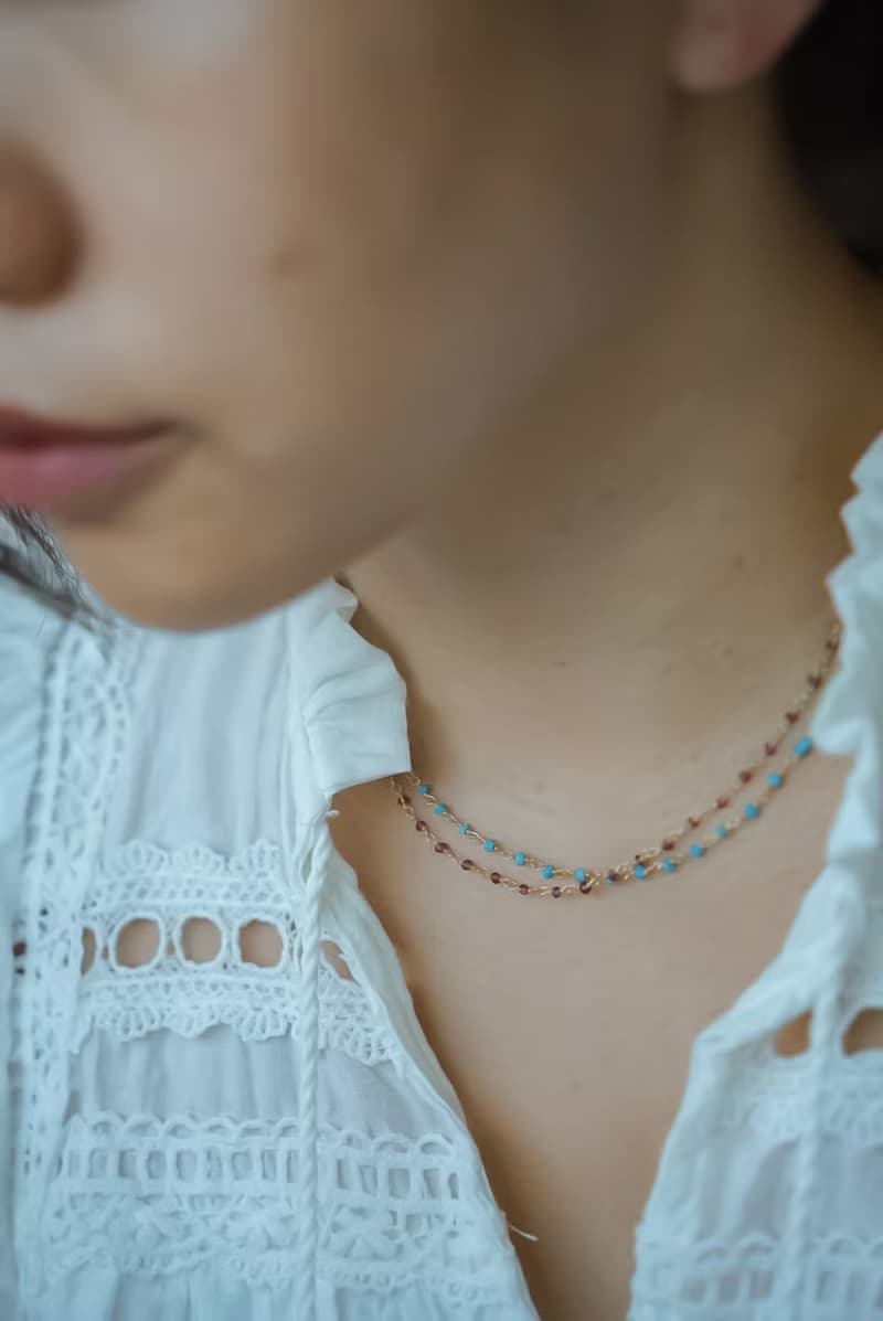點點天然石項鍊 - 綠松石/石榴石 SV925 18K厚鍍金