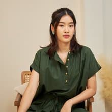 半袖側開棉質上衣 - KATHI : 綠色