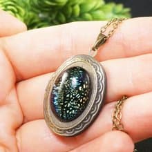 Green Dichroic Glass Oval Locket Necklace Keepsake Pendant Necklace Jewelry Gift