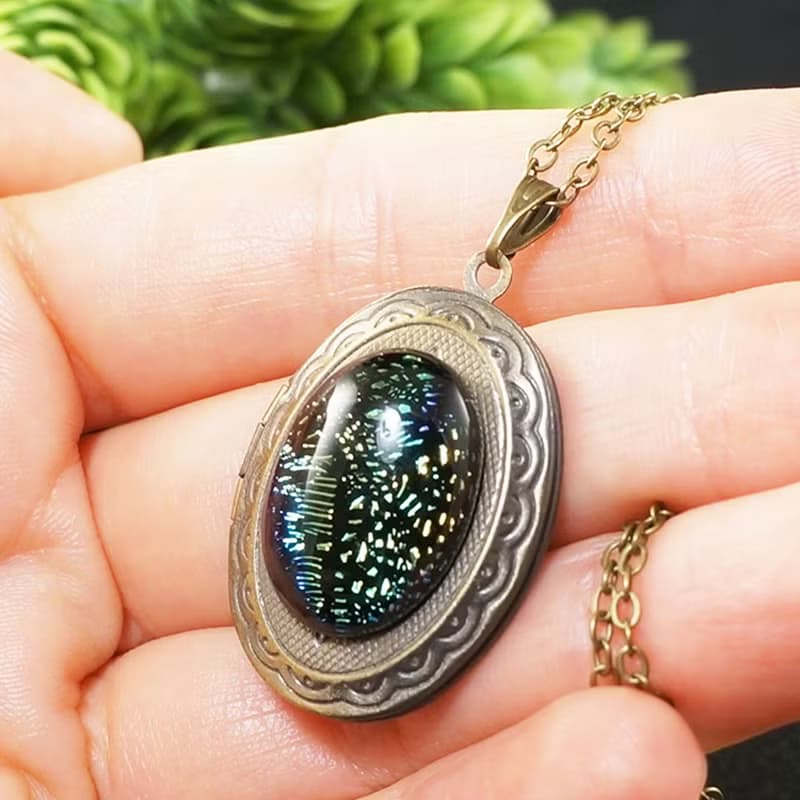 Green Dichroic Glass Oval Locket Necklace Keepsake Pendant Necklace Jewelry Gift