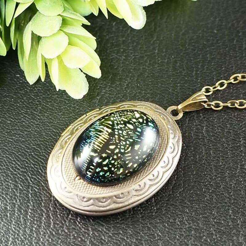 Green Dichroic Glass Oval Locket Necklace Keepsake Pendant Necklace Jewelry Gift