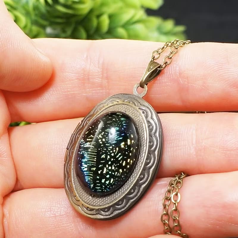 Green Dichroic Glass Oval Locket Necklace Keepsake Pendant Necklace Jewelry Gift