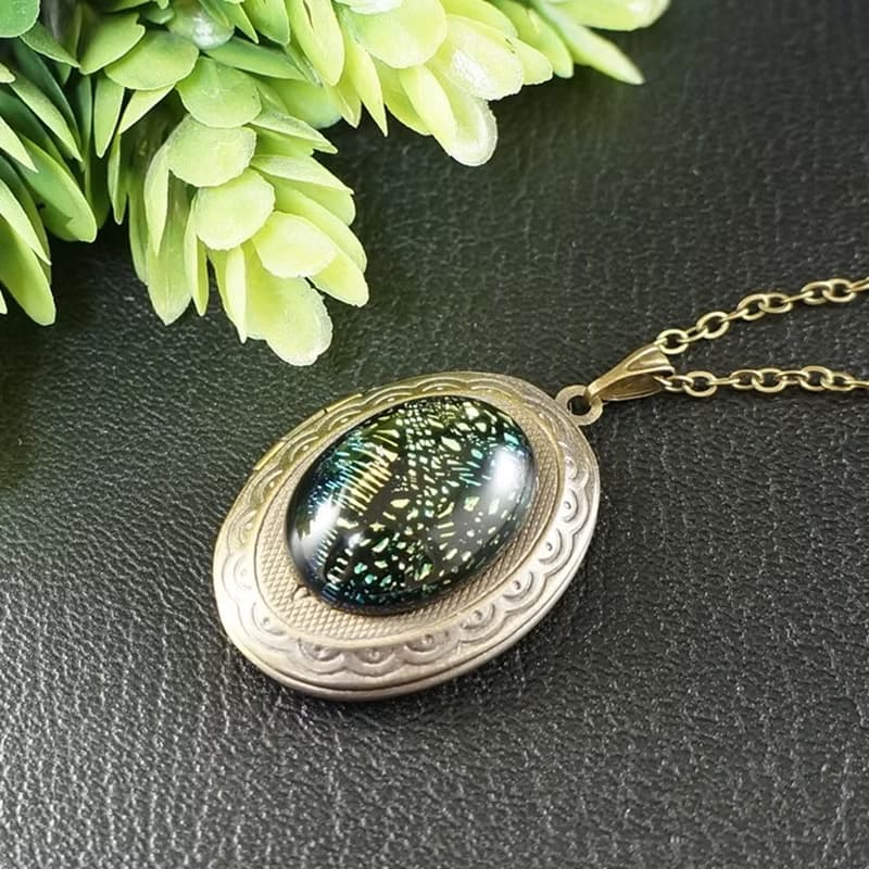 Green Dichroic Glass Oval Locket Necklace Keepsake Pendant Necklace Jewelry Gift