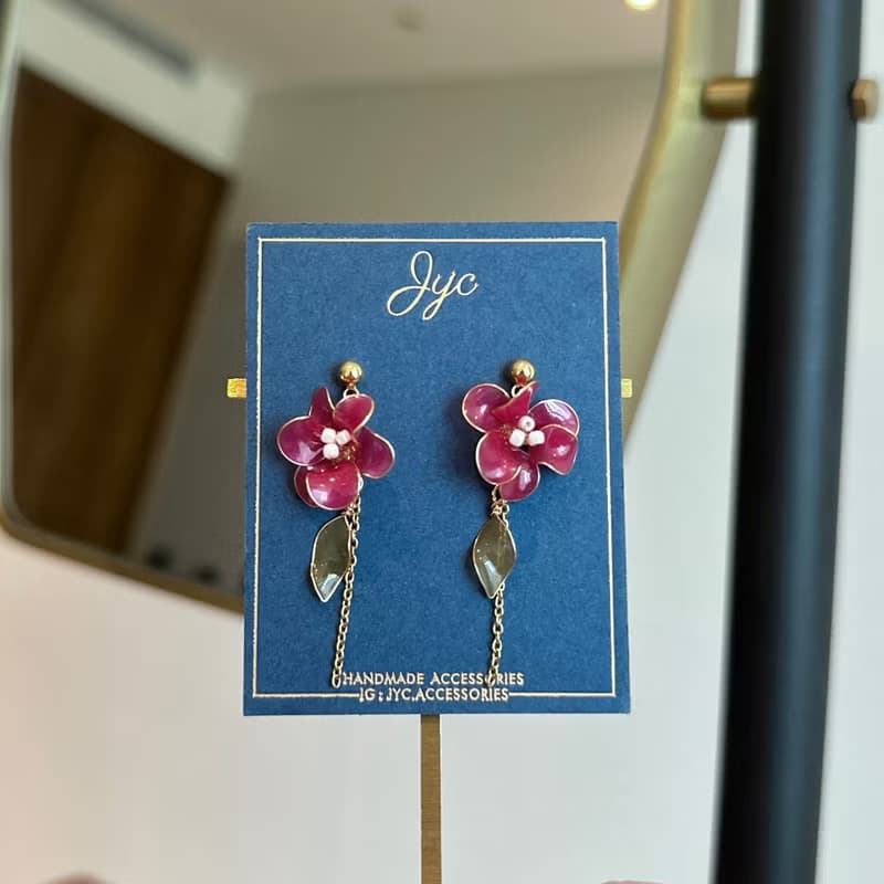 紅花搖曳  手作立體水晶花貼耳耳環 無痛耳夾 uv飾品