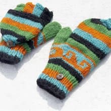 聖誕節禮物 創意禮物 限量一件手織純羊毛針織手套 / 可拆卸手套 / 內刷毛手套 / 保暖手套(made in nepal) - 南美魔幻 綠色森林 民族圖騰