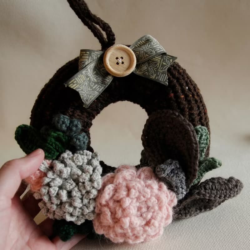 手鉤毛線 裝飾 聖誕花圈  深咖啡色 節慶布置