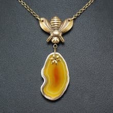 Honey Yellow Agate Slab Slice Brass Bee Boho Pendant Necklace Woman Jewelry Gift